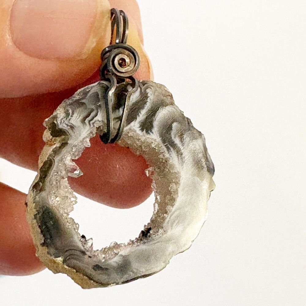 Natural Gray Agate Geode Slice Pendant Unique Organic Stone Wire Wrap Jewelry